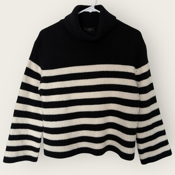J. Crew Wool and Cashmere Relaxed Turtleneck Black and White Striped - Picture 1 of 6